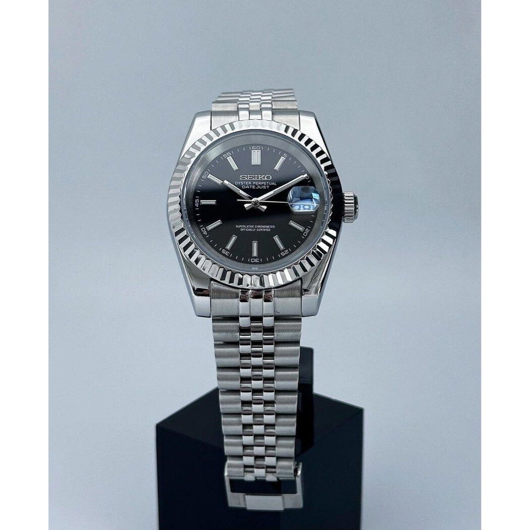 Custom Seiko Mod • Black Datejust Ice Blue Lume • 39mm